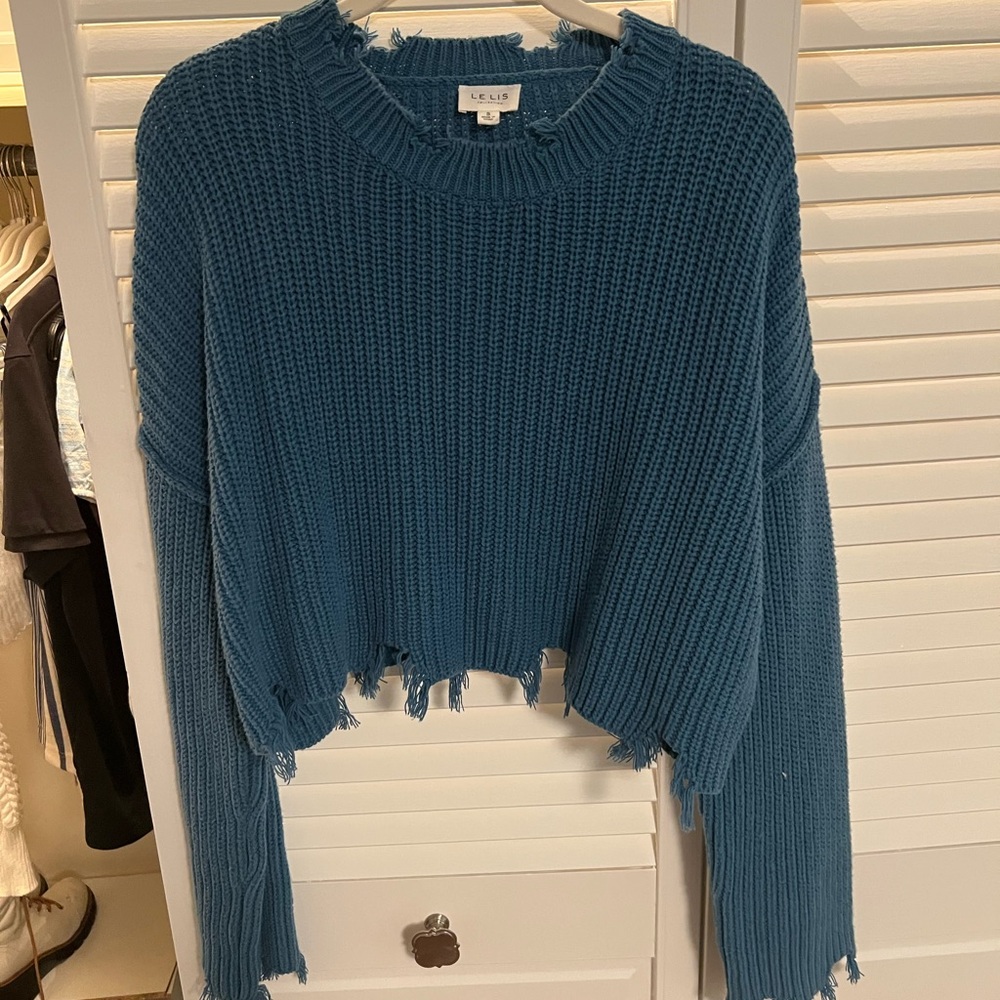 Le Lis Teal Distressed Crew Neck Sweater